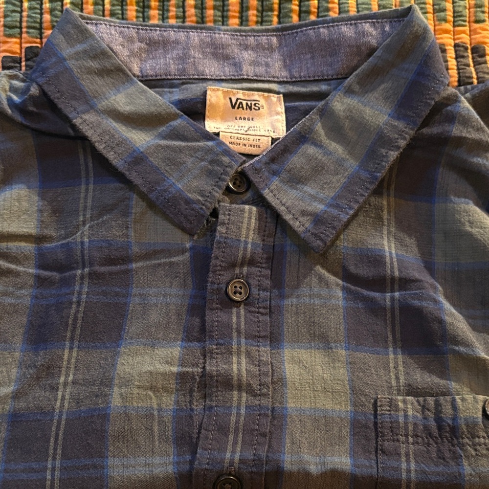Vans Men's Navy and Light Blue Plaid Shirt